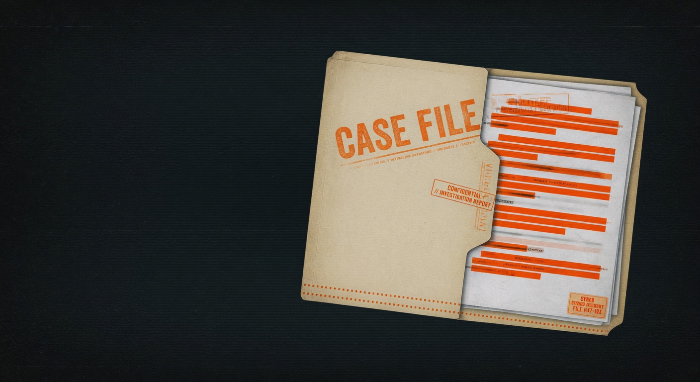Redacted case file dossier with evidence log, classified stamps, and re-open note.