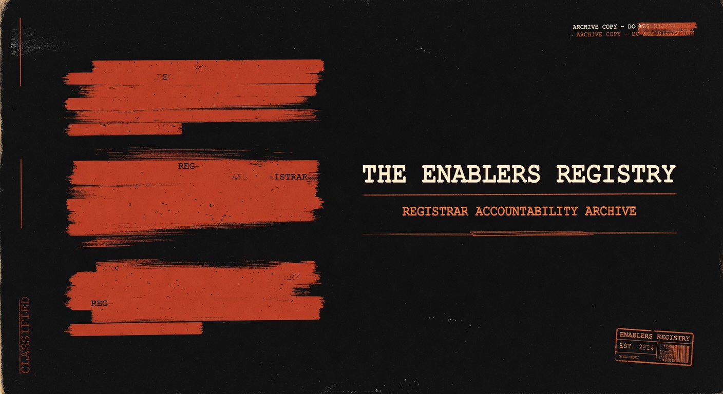 THE ENABLERS REGISTRY dossier cover with redaction bars, classified stamps, and archive seal.